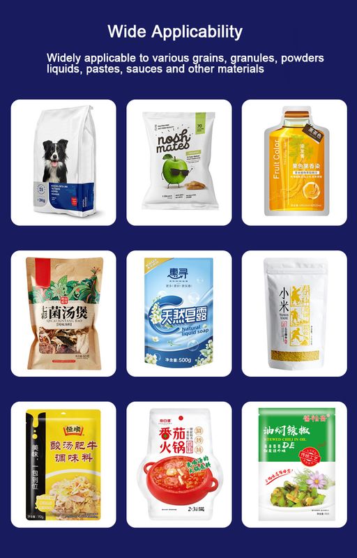 Máy đóng gói túi hạt tự động đa chức năng, túi khóa kéo làm sẵn cho thức ăn vật nuôi, thức ăn cho mèo, thức ăn cho chó