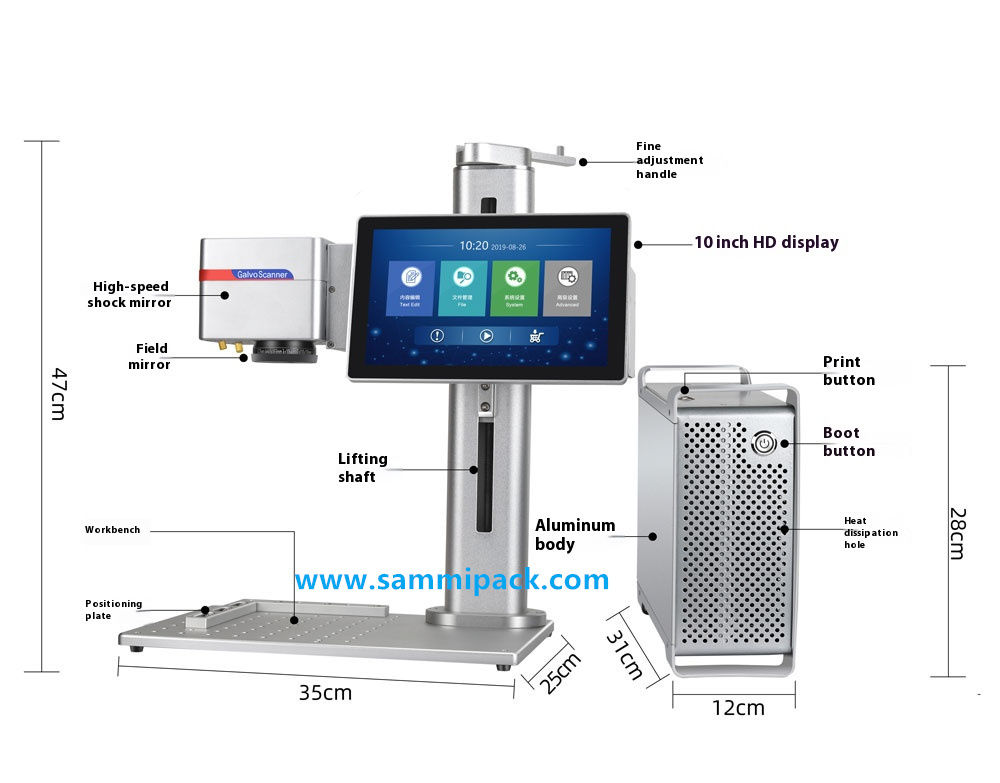 Máy in mã lô laser di động, Máy mã hóa laser sợi cho số hàng loạt sản phẩm, mã QR, logo, mã vạch trên bao bì
