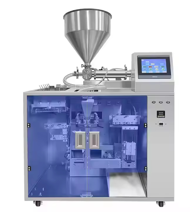 Máy đóng gói tự động mới nhất cho túi khóa kéo, nhặt, mở, chiết rót và hàn kín, đóng gói 4 trong 1 cho kẹo dẻo/hạt/trái cây sấy khô